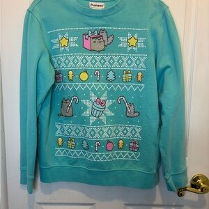 Pusheen Teal Holiday Crewneck Sweatshirt with Pastel Accents